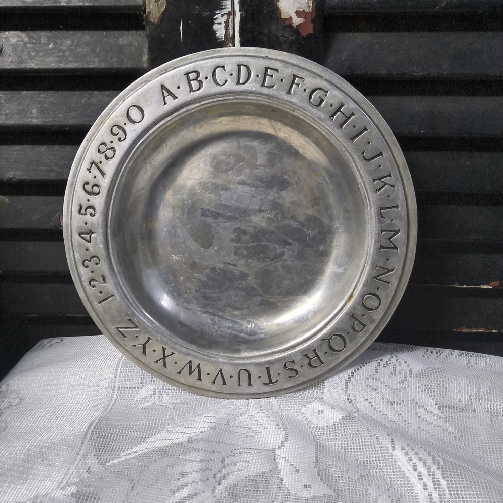 vintage Wilton Armetale RWP pewter child's plate engraved alphabet and numbers